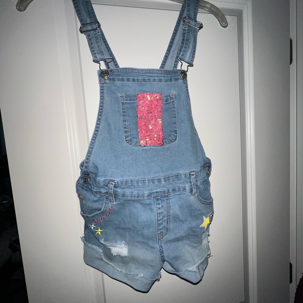 Denim Overalls with Pink and Yellow Accents